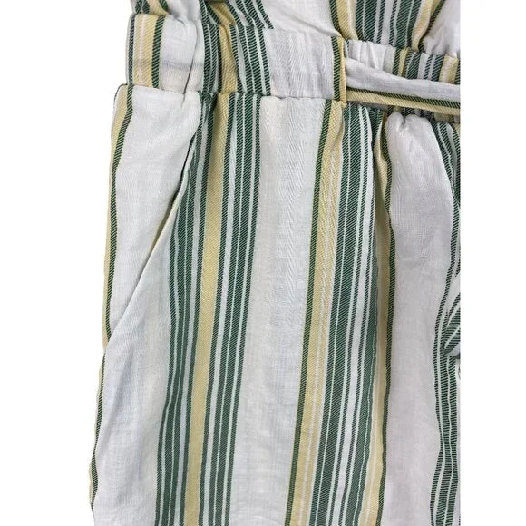 Hummingbird Paper Bag Shorts Lined Tie Waist Green Yellow Striped Womens Size L - Picture 3 of 10
